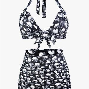 Tie-Front Skull Print Bikini Set in Black & White